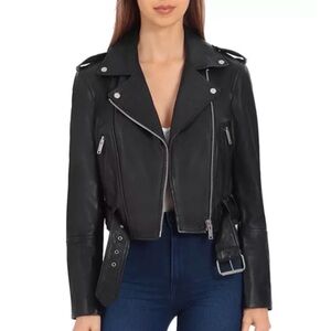 Avec Les Filles Black Cropped Leather Moto Jacket